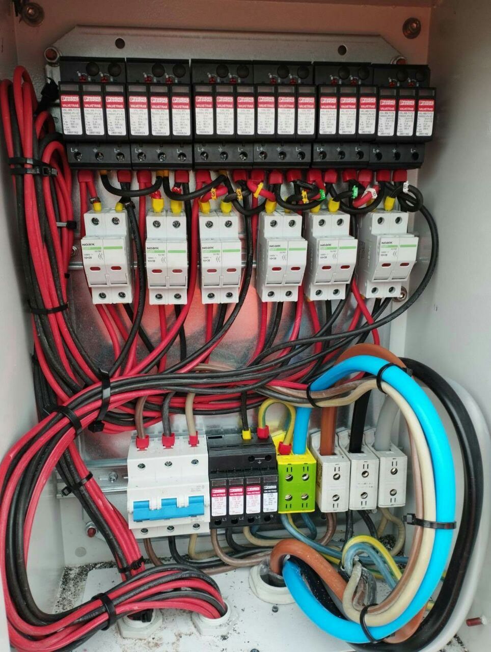 An open electrical panel featuring various circuit breakers, fuses, and neatly organized red and blue wiring.